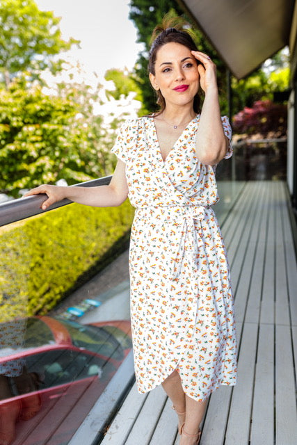 Paige Summer Midi Wrap Dress In White With Orange Ditsy Floral Print – Love