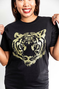 Gold Glitter Tiger Animal Logo Tee In Black