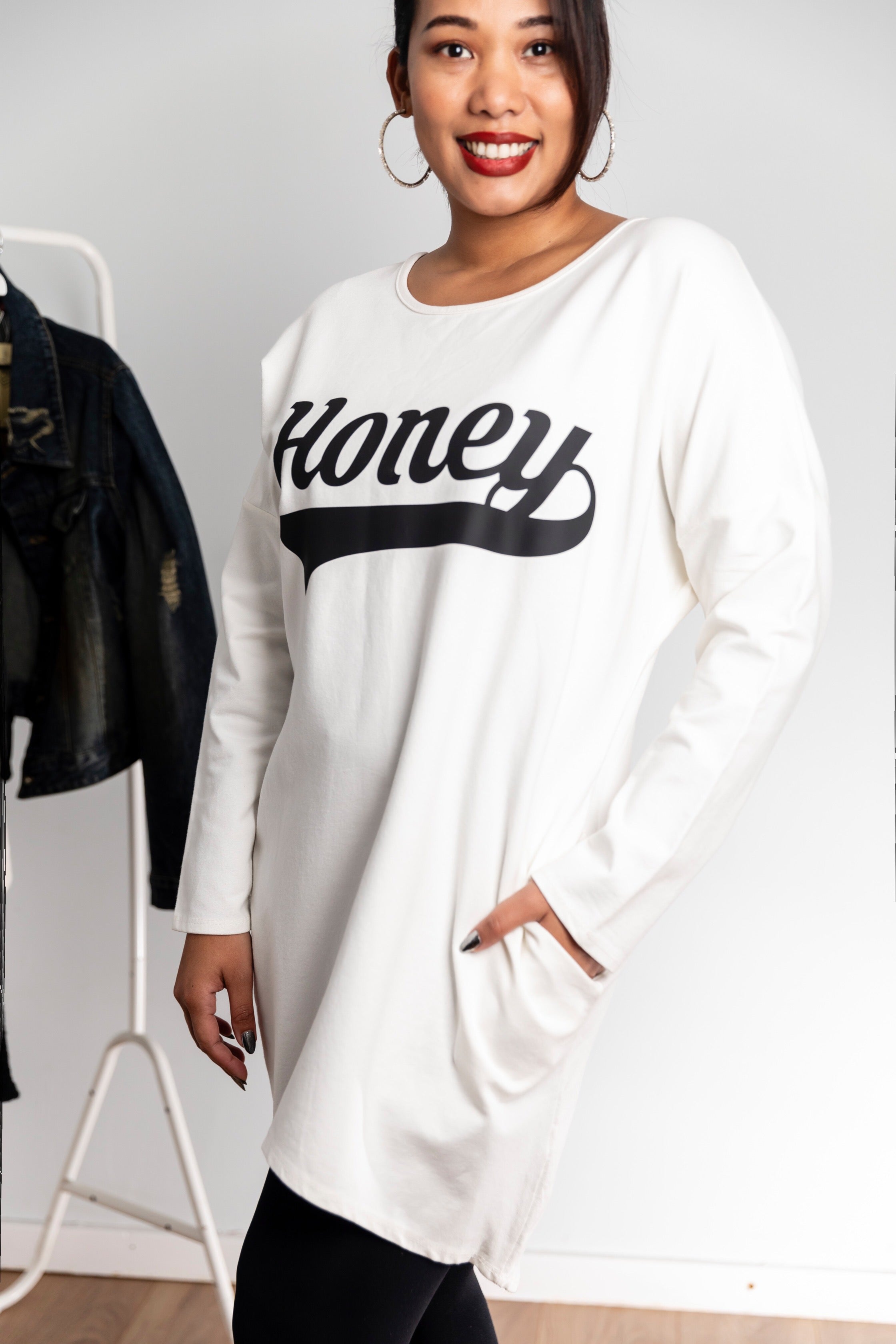 Honey Slogan Long Sleeve Oversized Sweatshirt Tunic Dress In Ecru