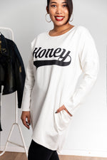 Load image into Gallery viewer, Honey Slogan Long Sleeve Oversized Sweatshirt Tunic Dress In Ecru
