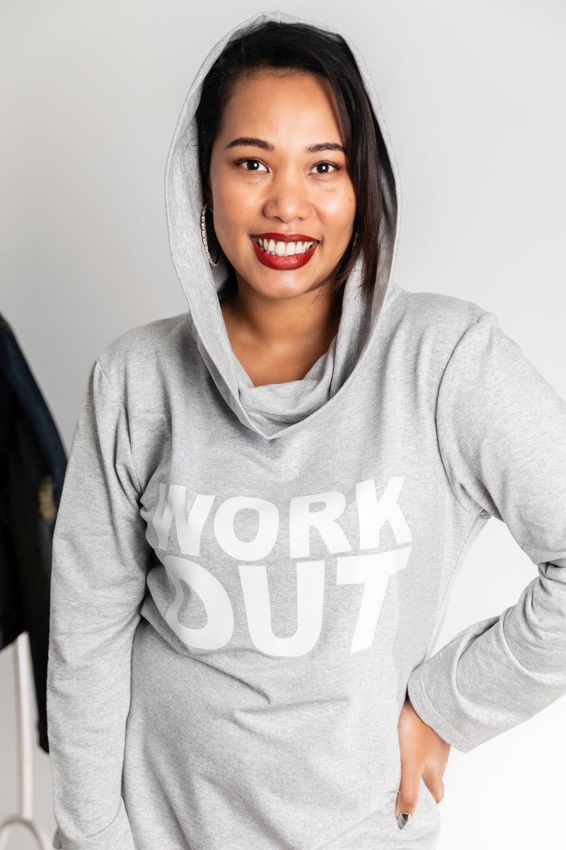 Work Out Slogan Hooded Sweatshirt Tunic In Grey Love