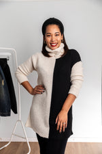 Load image into Gallery viewer, Block Colour Roll Neck Long Sleeve Jumper Dress In Black and Cream
