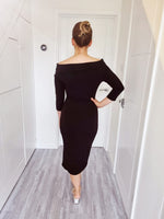 Load image into Gallery viewer, Orlando Bardot Long Sleeve Bodycon Midi Dress With Front Split In Black
