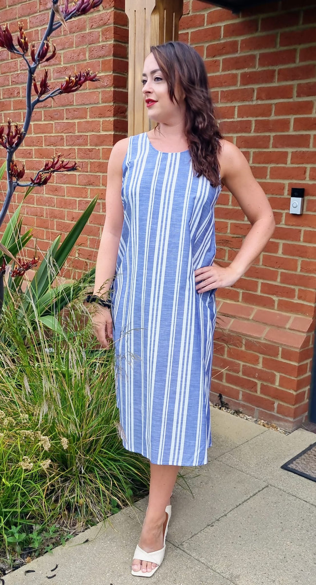Miami Linen Midi Relaxed Fit Summer Shift Dress in White and Blue Stri –  Love