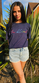 Load image into Gallery viewer, Be Kind Rainbow Script Slogan Tee in Navy
