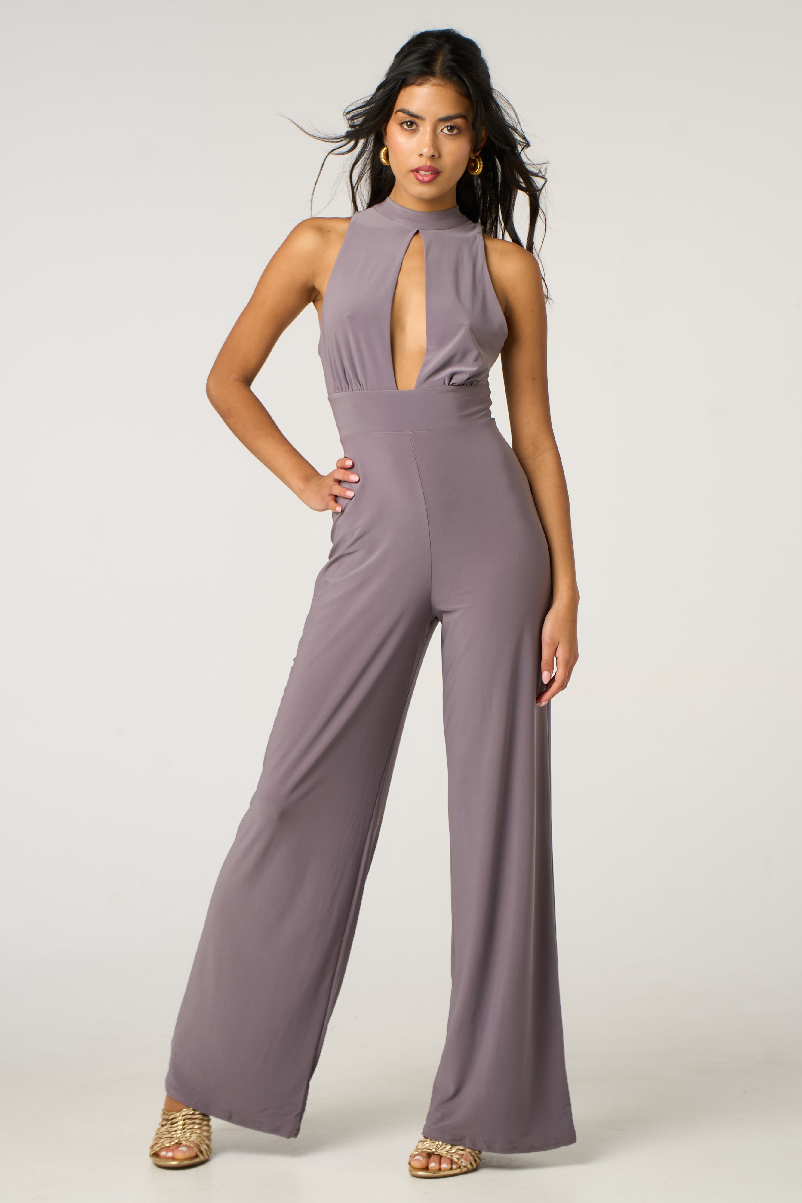 High Neck Keyhole Wide-Leg Jumpsuit – Lilac Grey