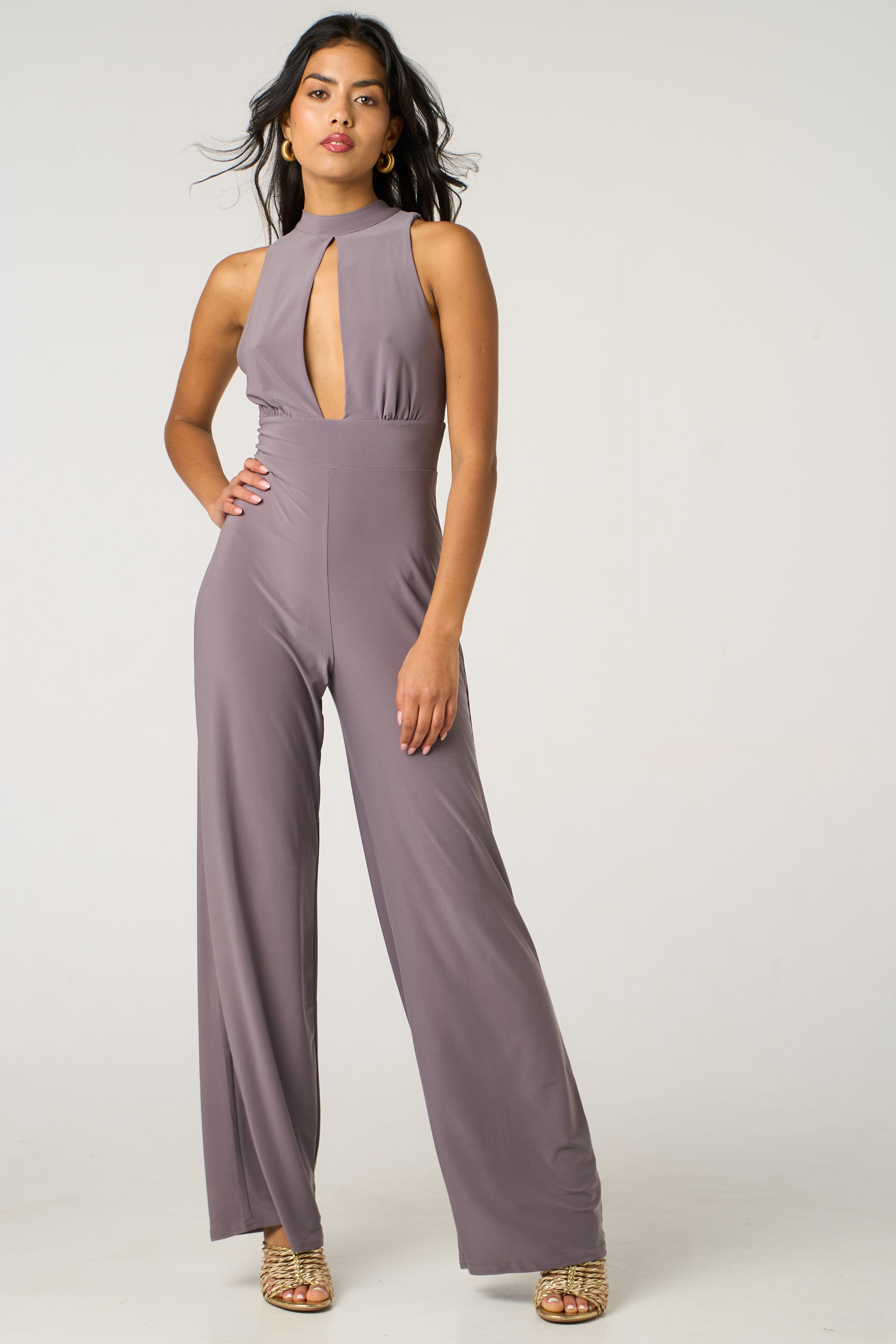 High Neck Keyhole Wide-Leg Jumpsuit – Lilac Grey
