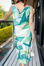 Załaduj obraz do przeglądarki galerii, Sian Cowl Neck Summer Slip Midi Dress in Green And Pink Geometric Print
