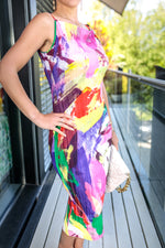 Cargar imagen en el visor de la galería, Mila Bright Summer Cowl Neck Pleated Slip Midi Dress in Multi Brushstroke Print
