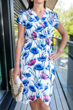 Cargar imagen en el visor de la galería, Jessica Summer Midi Wrap Dress In White With Pink And Blue Floral Print
