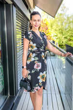 Load image into Gallery viewer, Ramona Summer Wrap Style Midi Dress In Black Floral
