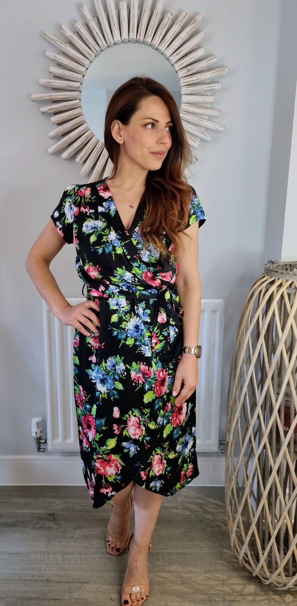 Summer Midi Wrap Dress In Black With Pink And Blue Floral Print