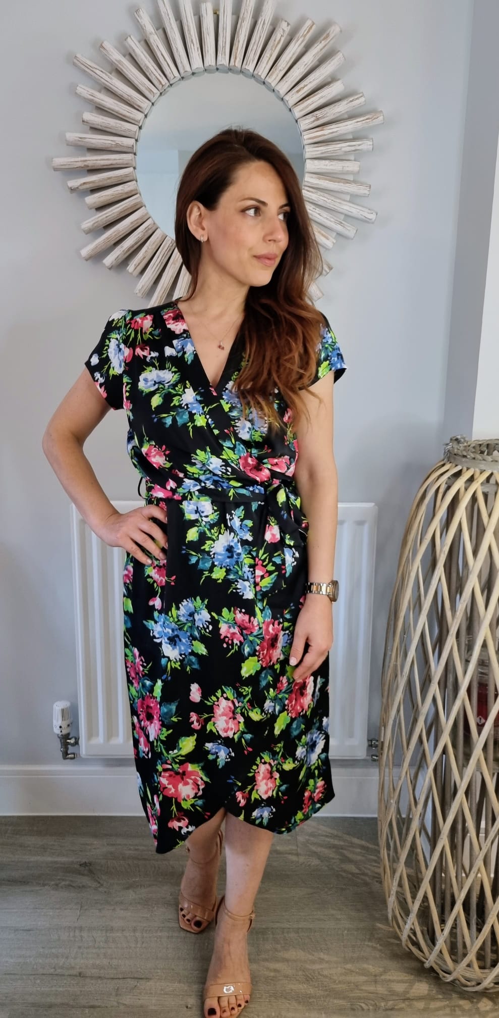 Summer Midi Wrap Dress In Black With Pink And Blue Floral Print Love Summer Midi Wrap Dress In Black With Pink And Blue Floral Print Love