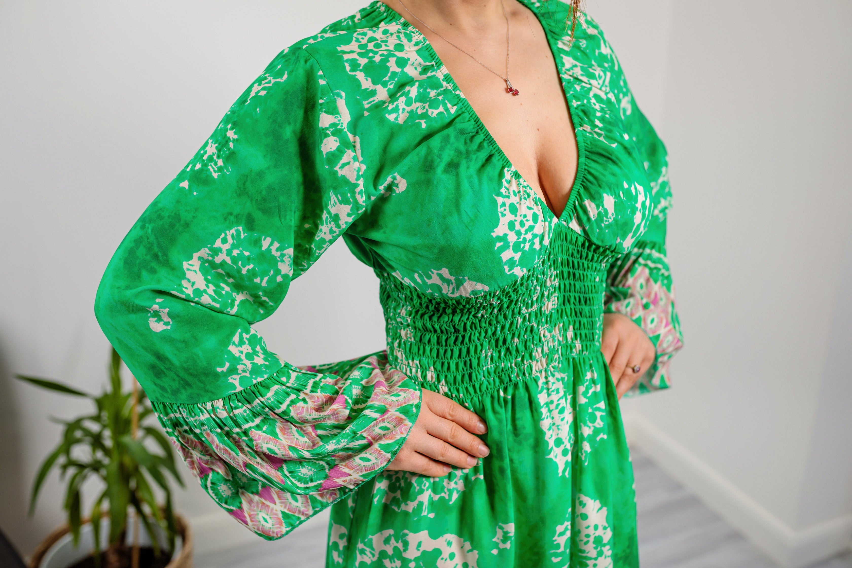 Long Sleeve V Neck Summer Midaxi Dress In Bright Green