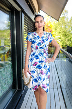 Load image into Gallery viewer, Jessica Summer Midi Wrap Dress In White With Pink And Blue Floral Print
