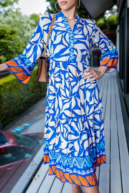 Teri Long Sleeve Button Front Midaxi Dress In Blue Leaf