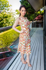 Cargar imagen en el visor de la galería, Olivia Cowl Neck Summer Slip Midi Dress In White Orange Abstract Print
