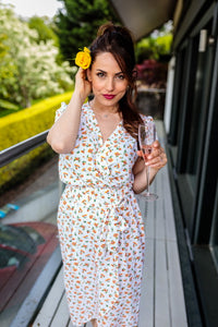 Paige Summer Midi Wrap Dress In White With Orange Ditsy Floral Print