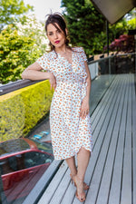 Load image into Gallery viewer, Paige Summer Midi Wrap Dress In White With Orange Ditsy Floral Print
