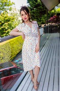 new look tie sleeve dress in orange ditsy pattern Orange Floral Print Tie Neck MIdi Dress