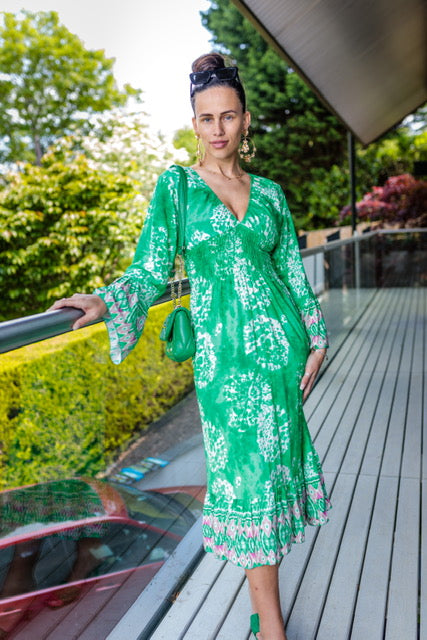 Amelia Long Sleeve V Neck Summer Midaxi Dress In Bright Green