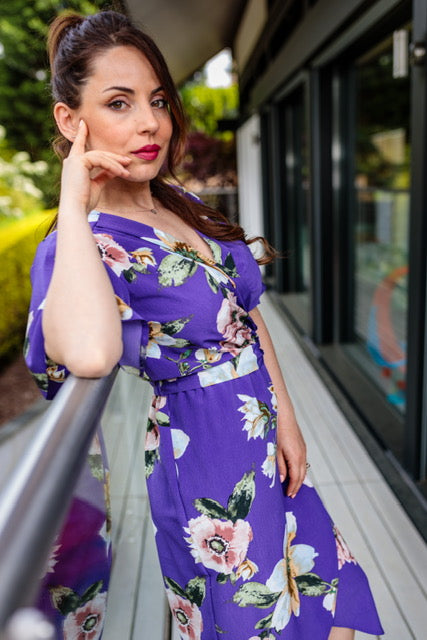 Angel Sleeve Summer Midi Wrap Dress In Purple Floral Love Angel Sleeve Summer Midi Wrap Dress In Purple Floral Love