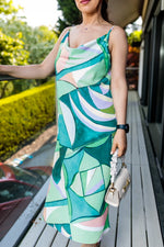 Cargar imagen en el visor de la galería, Sian Cowl Neck Summer Slip Midi Dress in Green And Pink Geometric Print
