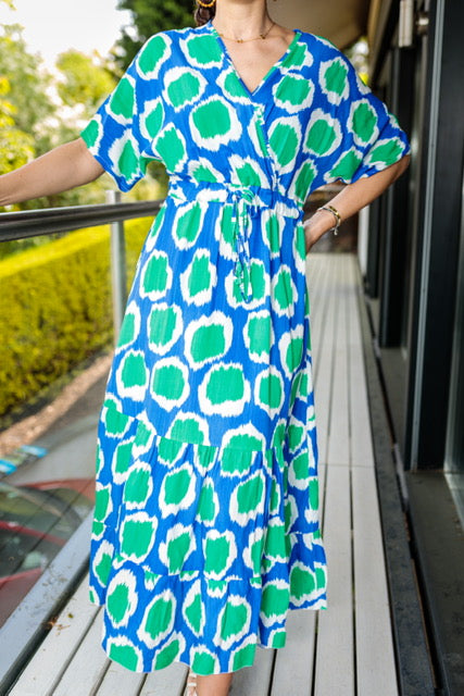 Clara Batwing Sleeve Midaxi Dress In Green And Blue Leopard Print