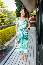 Załaduj obraz do przeglądarki galerii, Sian Cowl Neck Summer Slip Midi Dress in Green And Pink Geometric Print
