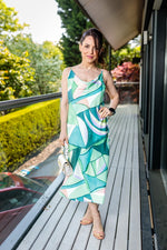Load image into Gallery viewer, Sian Cowl Neck Summer Slip Midi Dress in Green And Pink Geometric Print
