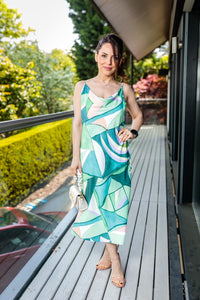 Sian Cowl Neck Summer Slip Midi Dress in Green And Pink Geometric Print