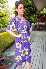 Cargar imagen en el visor de la galería, Angel Sleeve Summer Midi Wrap Dress In Purple Floral
