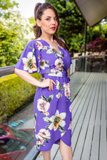 Load image into Gallery viewer, Angel Sleeve Summer Midi Wrap Dress In Purple Floral
