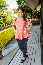 Load image into Gallery viewer, Dotty Angel Sleeve Summer Top With Ruffle Hem In Coral Spot Print
