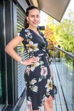 Load image into Gallery viewer, Ramona Summer Wrap Style Midi Dress In Black Floral
