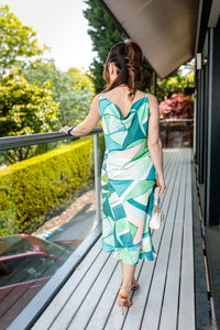 Sian Cowl Neck Summer Slip Midi Dress in Green And Pink Geometric Print