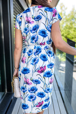 Load image into Gallery viewer, Jessica Summer Midi Wrap Dress In White With Pink And Blue Floral Print
