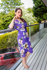 Załaduj obraz do przeglądarki galerii, Angel Sleeve Summer Midi Wrap Dress In Purple Floral
