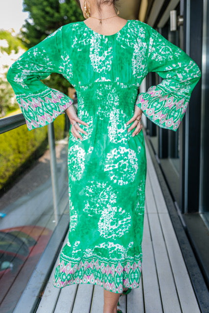 Amelia Long Sleeve V Neck Summer Midaxi Dress In Bright Green