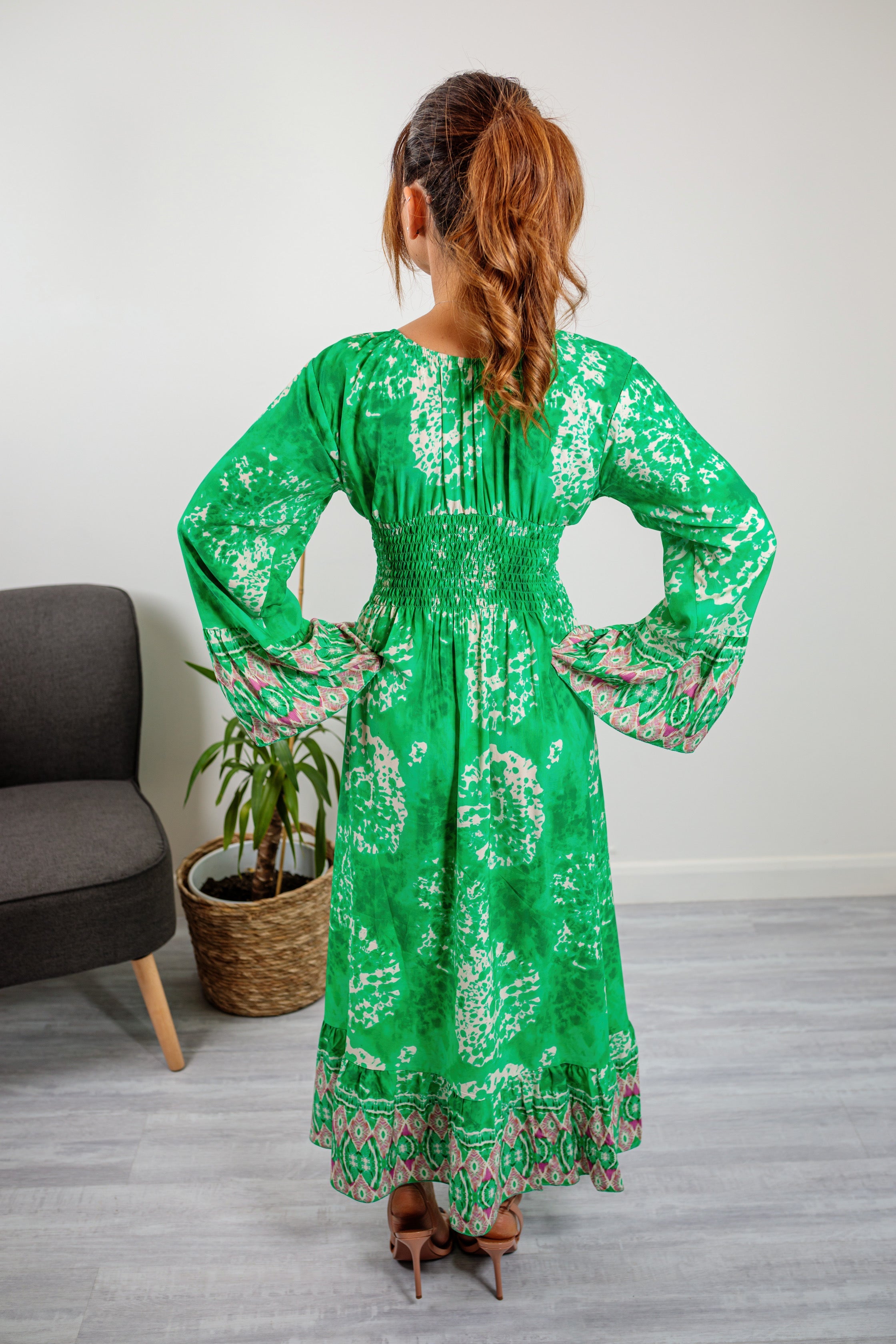 Long Sleeve V Neck Summer Midaxi Dress In Bright Green