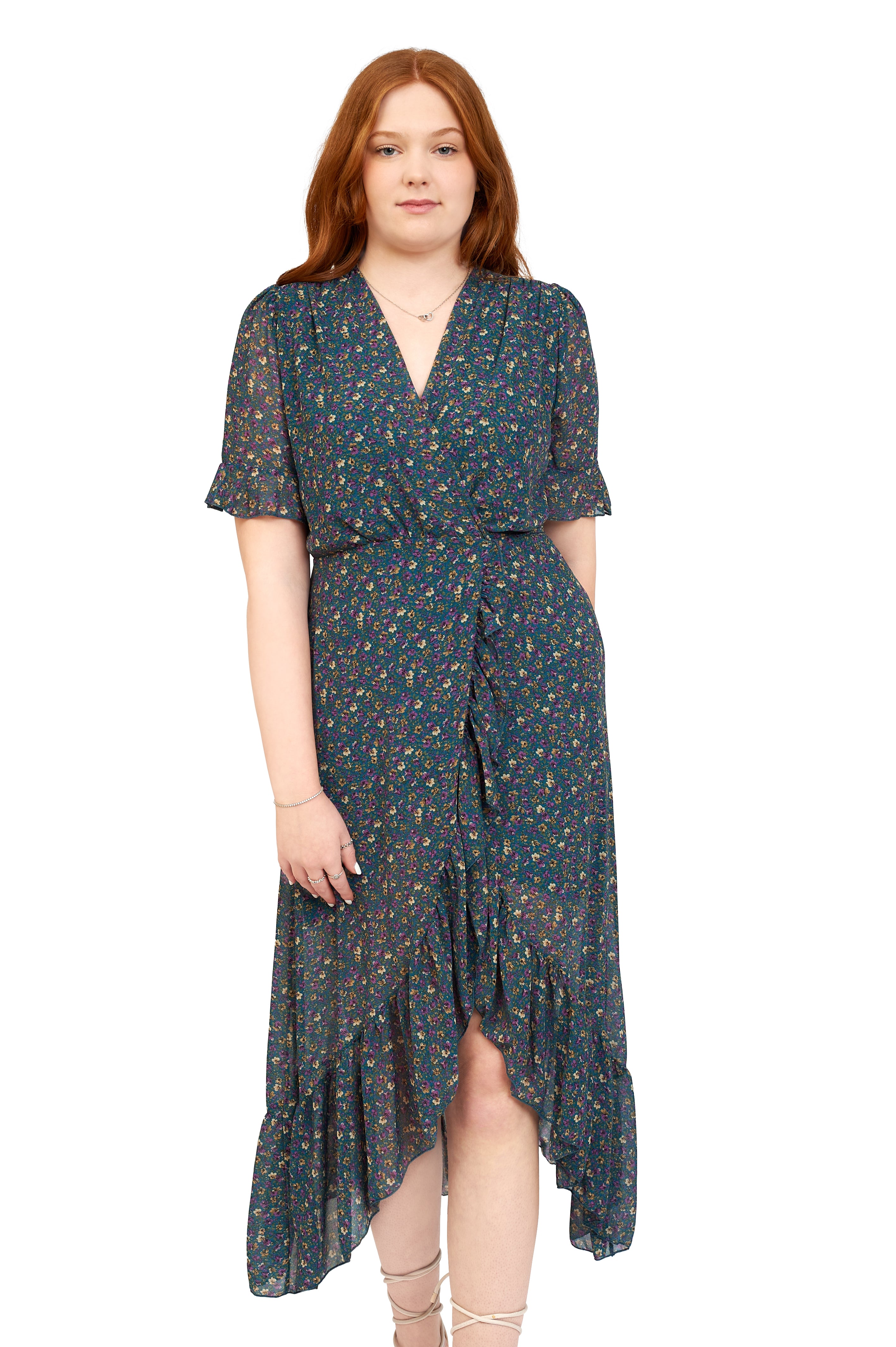 Maisy Short Sleeve Frill Wrap Midi Dress