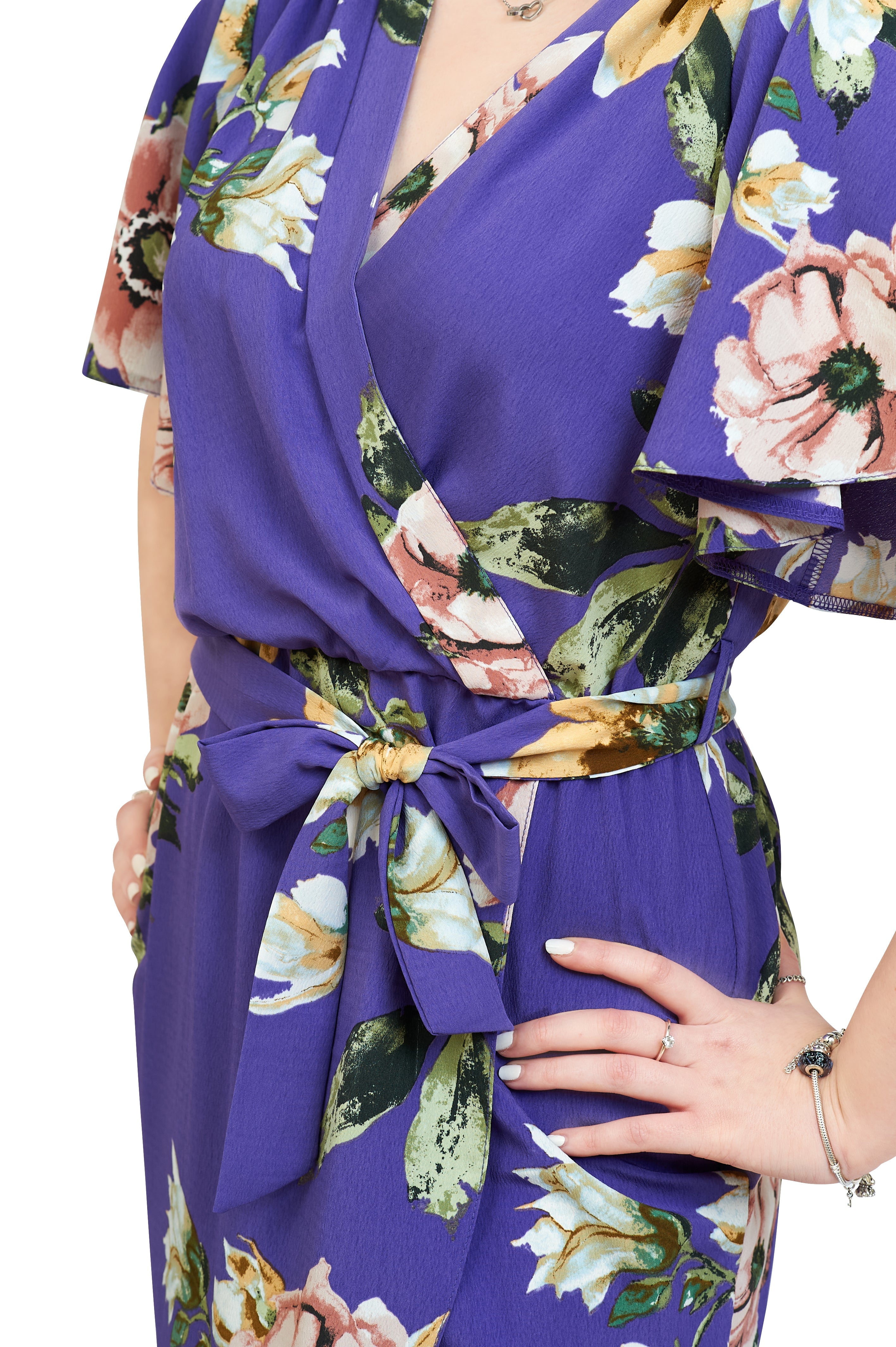 Angel Sleeve Summer Midi Wrap Dress In Purple Floral
