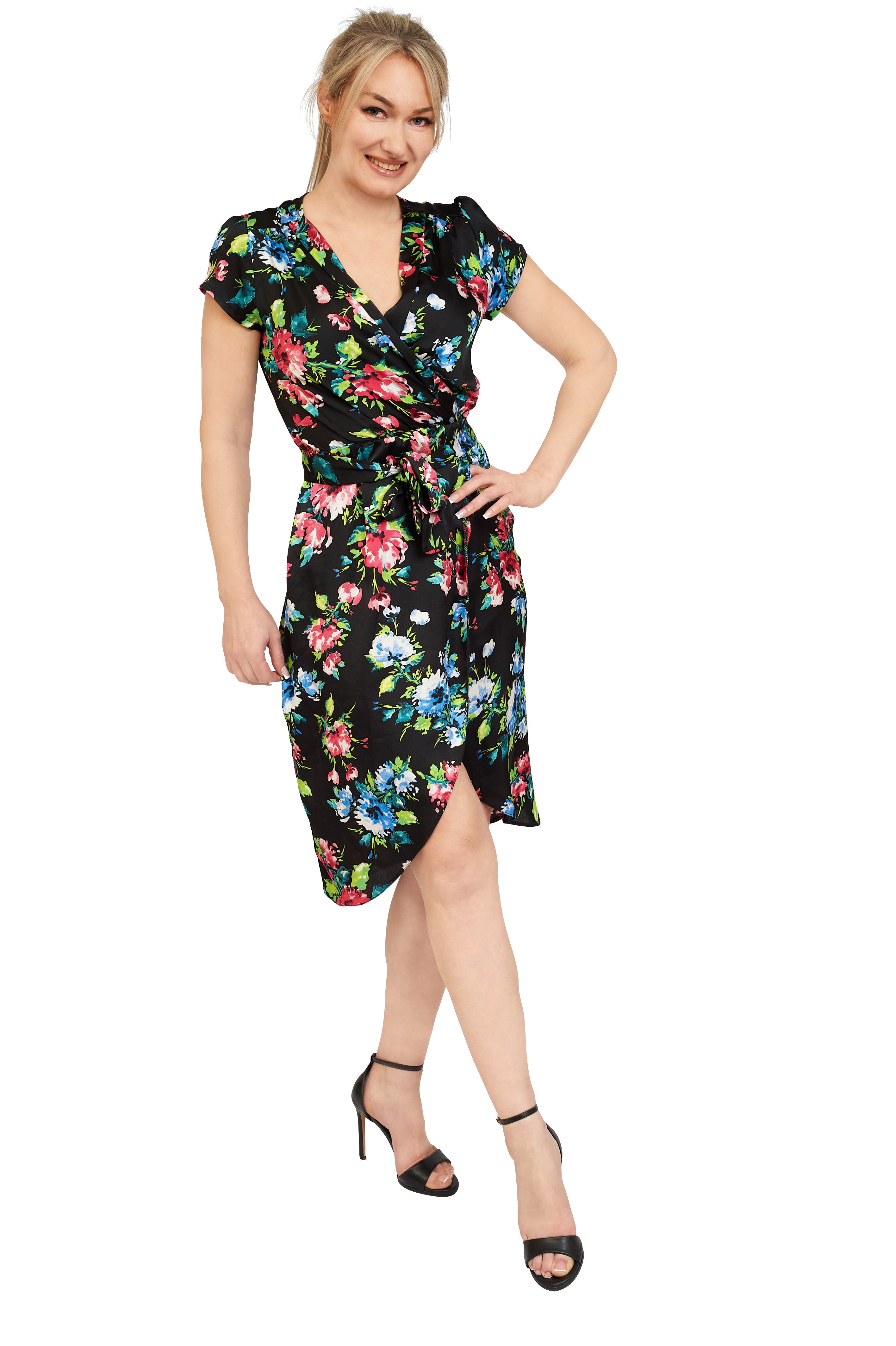 Summer Midi Wrap Dress In Black With Pink And Blue Floral Print
