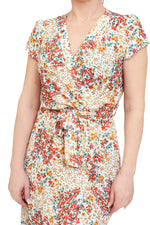 Cargar imagen en el visor de la galería, Summer Wrap Style Midi Dress In Red Ditsy Floral
