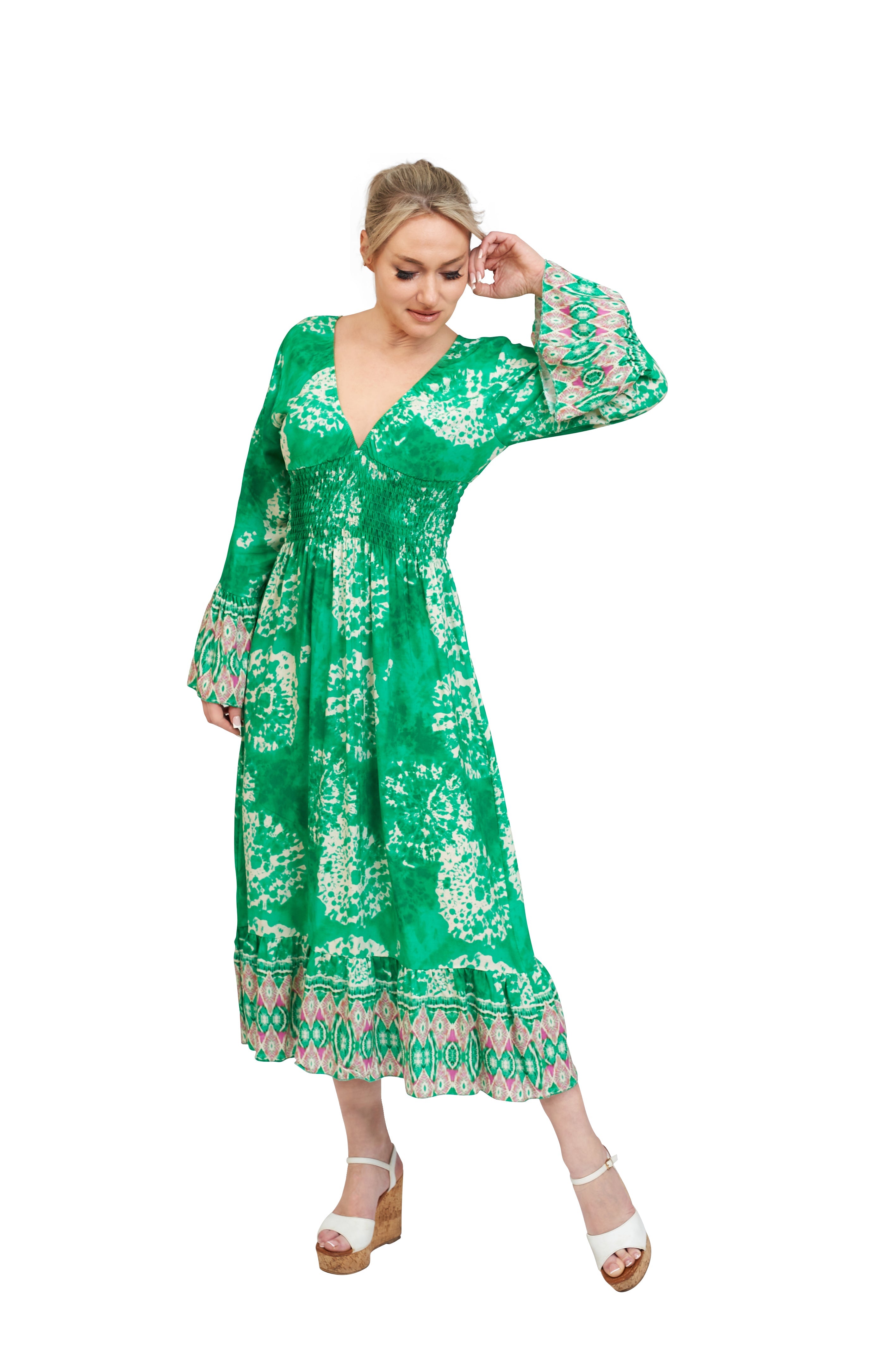 Long Sleeve V Neck Summer Midaxi Dress In Bright Green