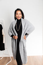 Charger l&#39;image dans la galerie, Waffle Longline Roll Front Slouch Knit Cardigan In Grey
