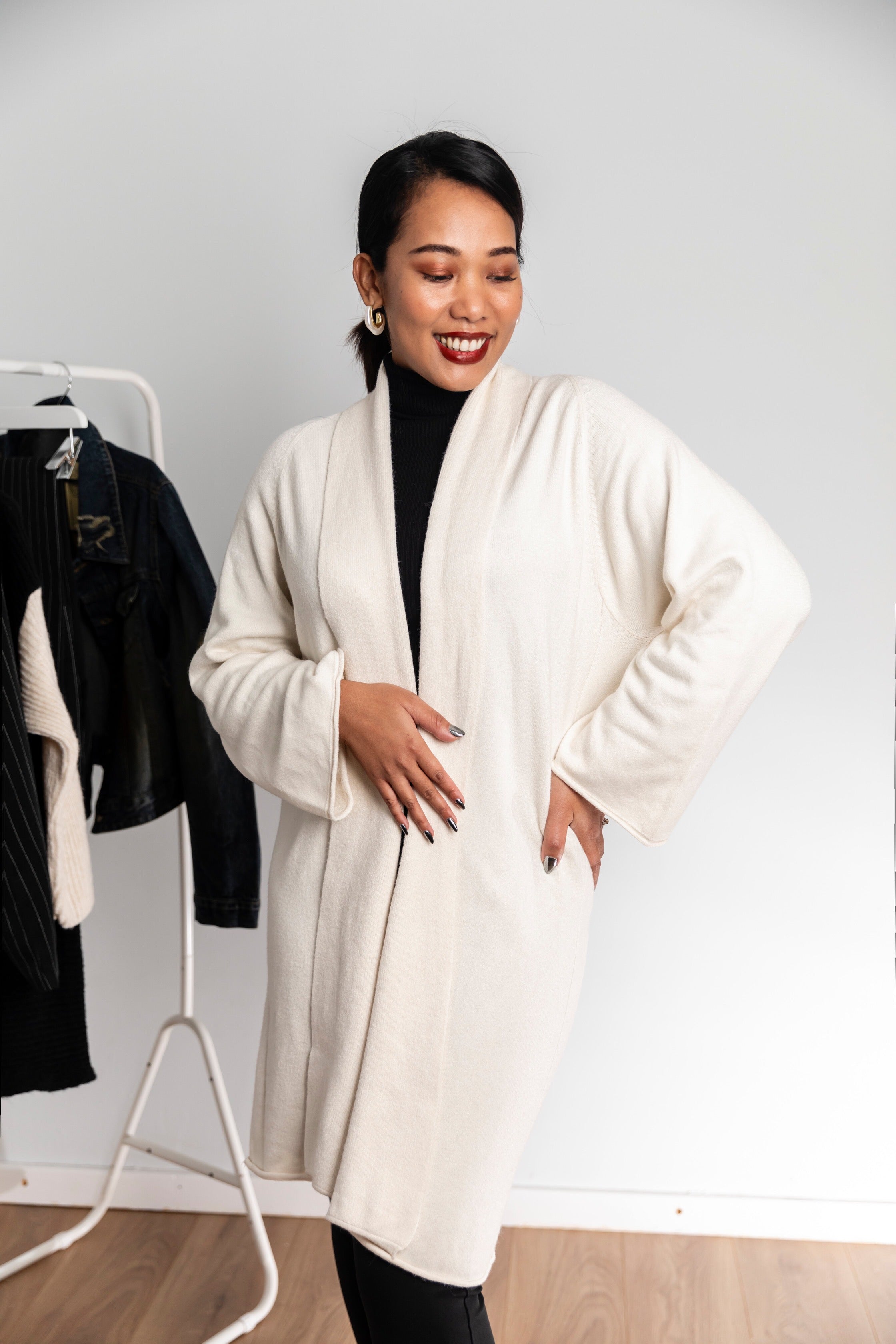 Open Front Longline Roll Front Cardigan In Cream