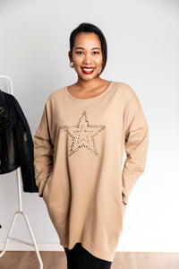 Leopard Star Oversized Sweatshirt Dress in Camel