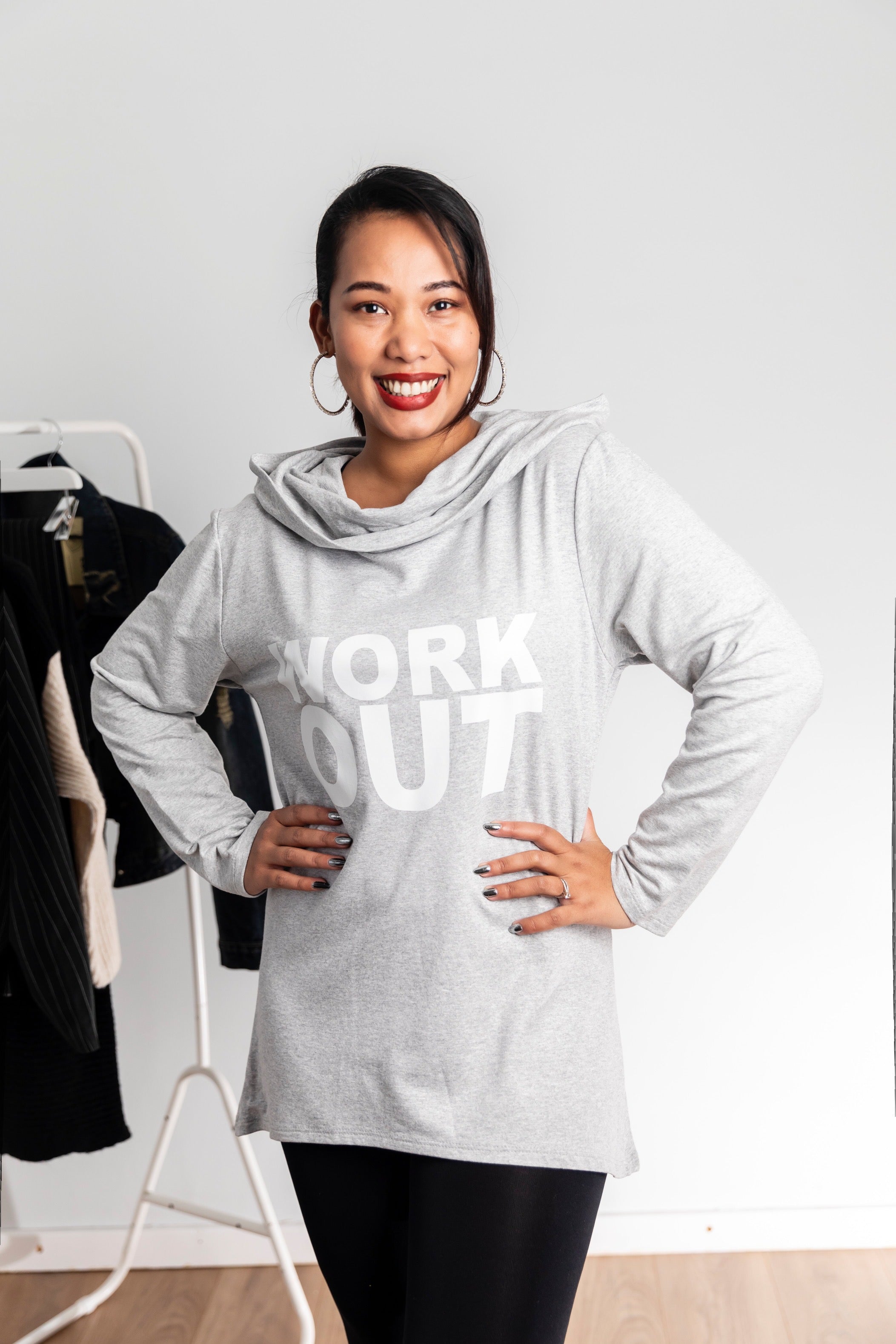 Work Out Slogan Hooded Sweatshirt Tunic In Grey