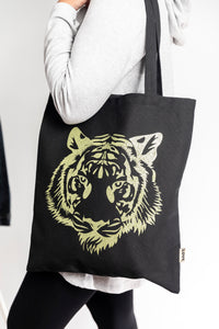 Gold Glitter Tiger Logo Tote Bag In Black